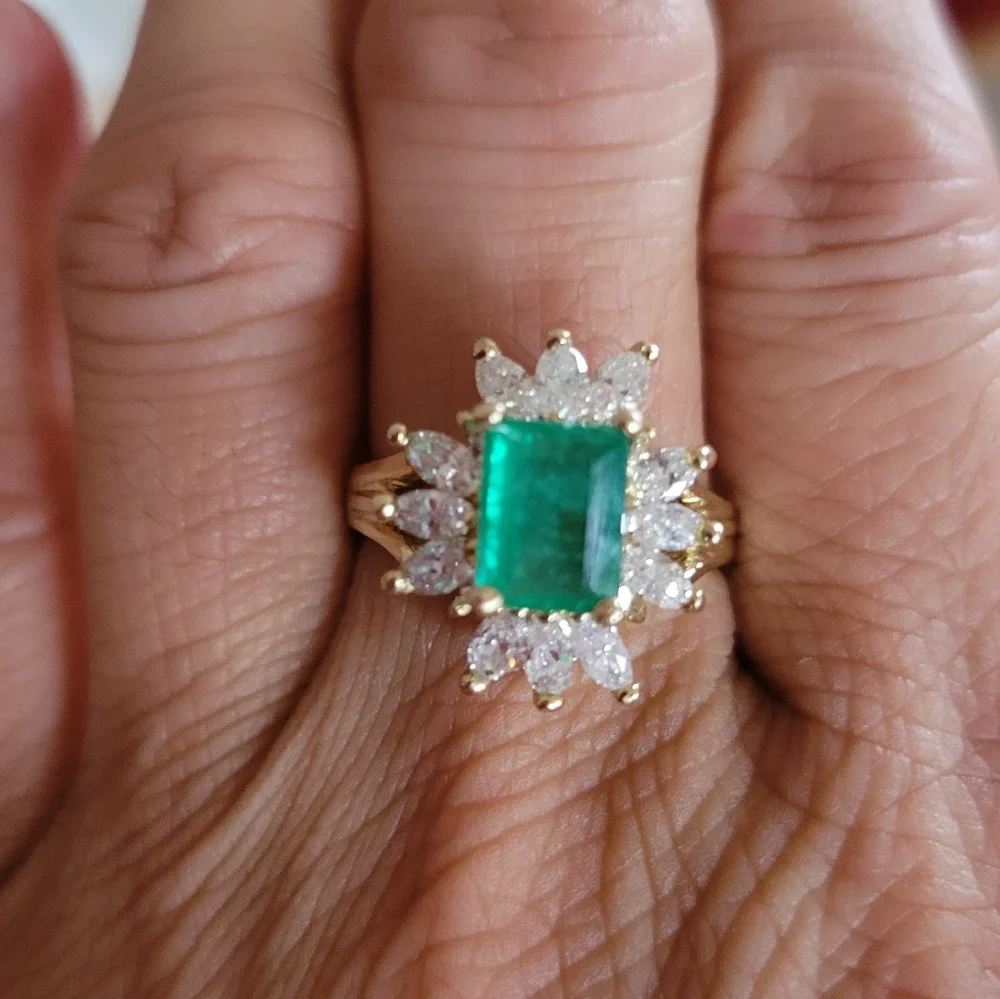 Art deco 14k yellow gold 3ct emerald diamonds ring size 8 - Picture 7 of 12